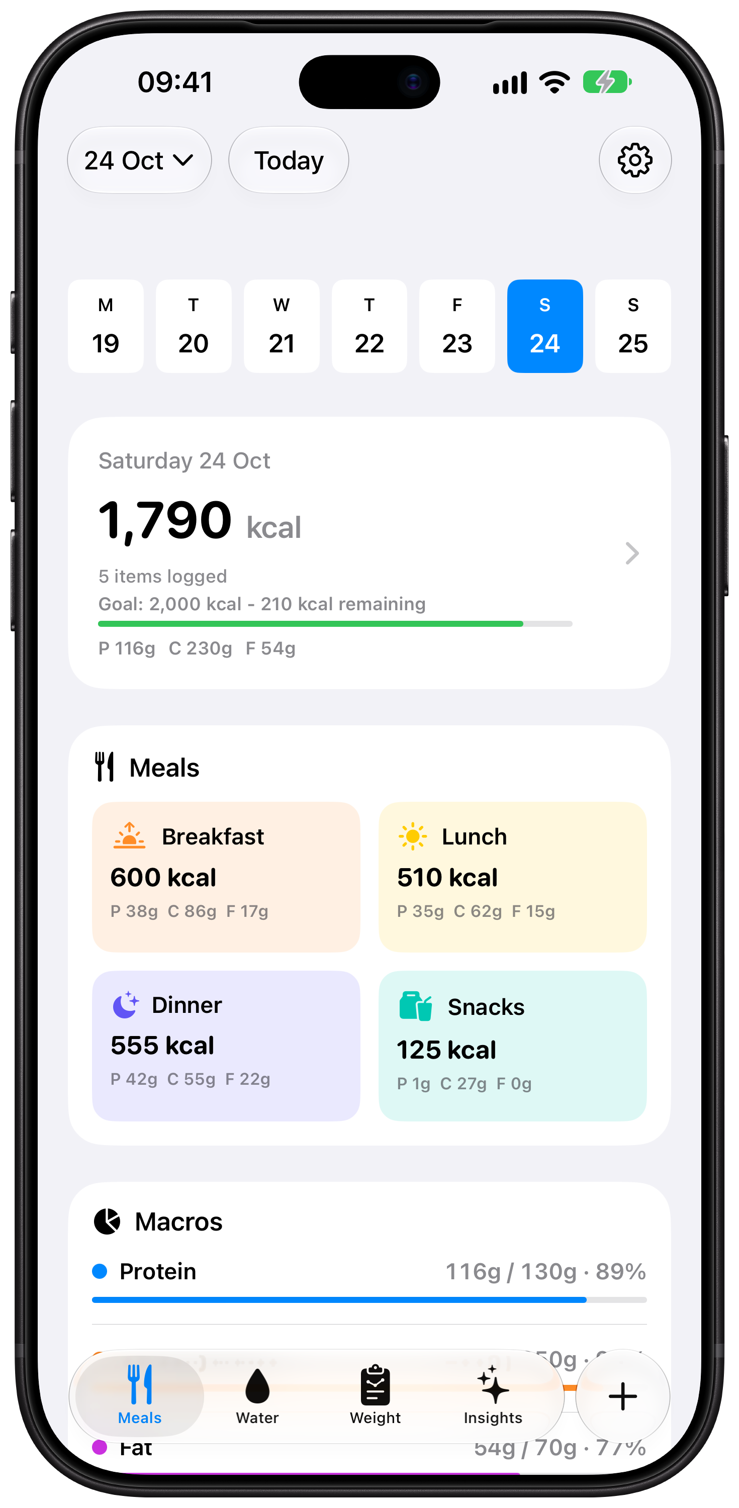BiteMe Today overview showing calories, meals, and macro targets on iPhone