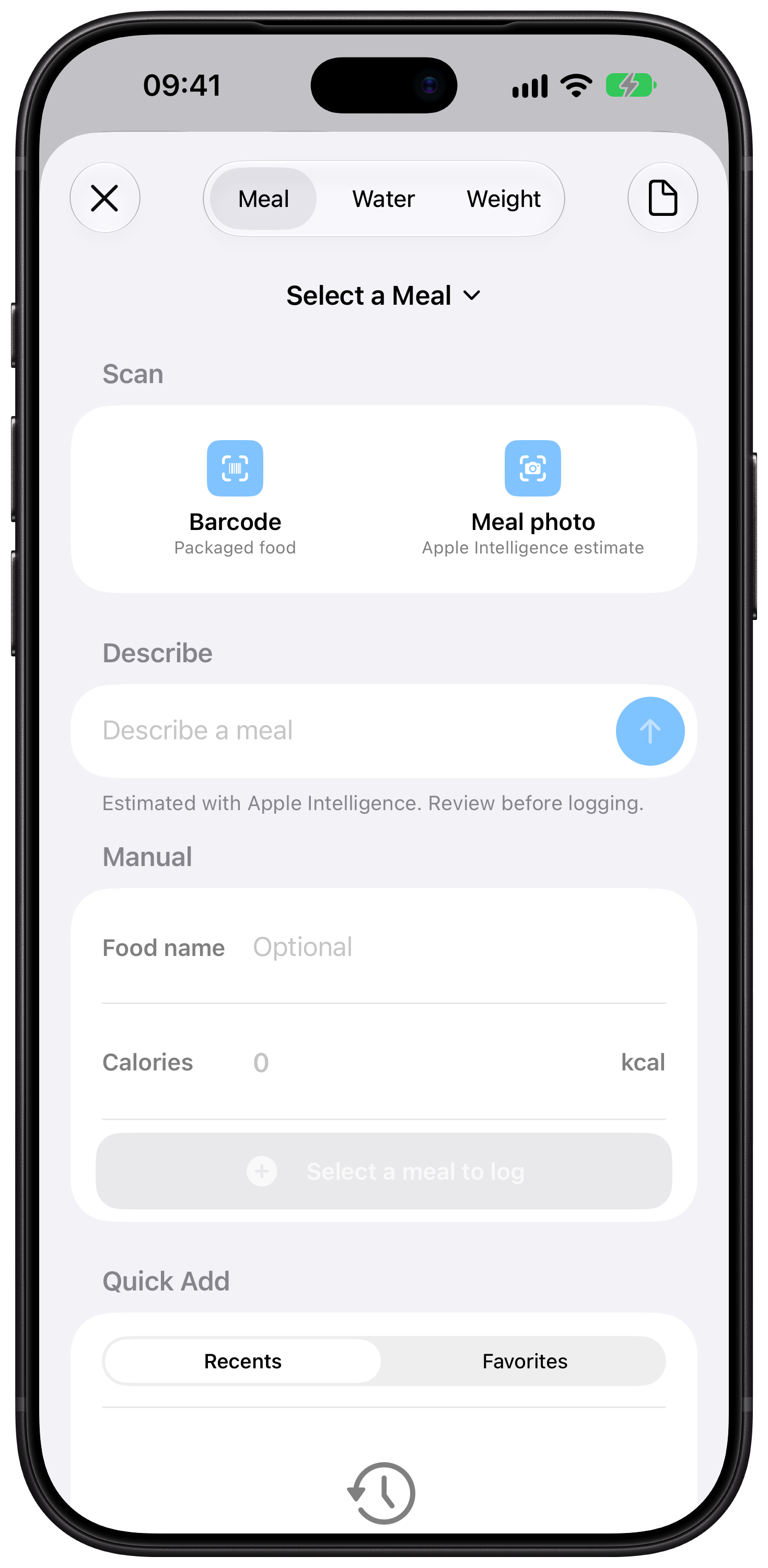 Quick Log Meal screen with barcode, photo, Describe a meal, and manual options