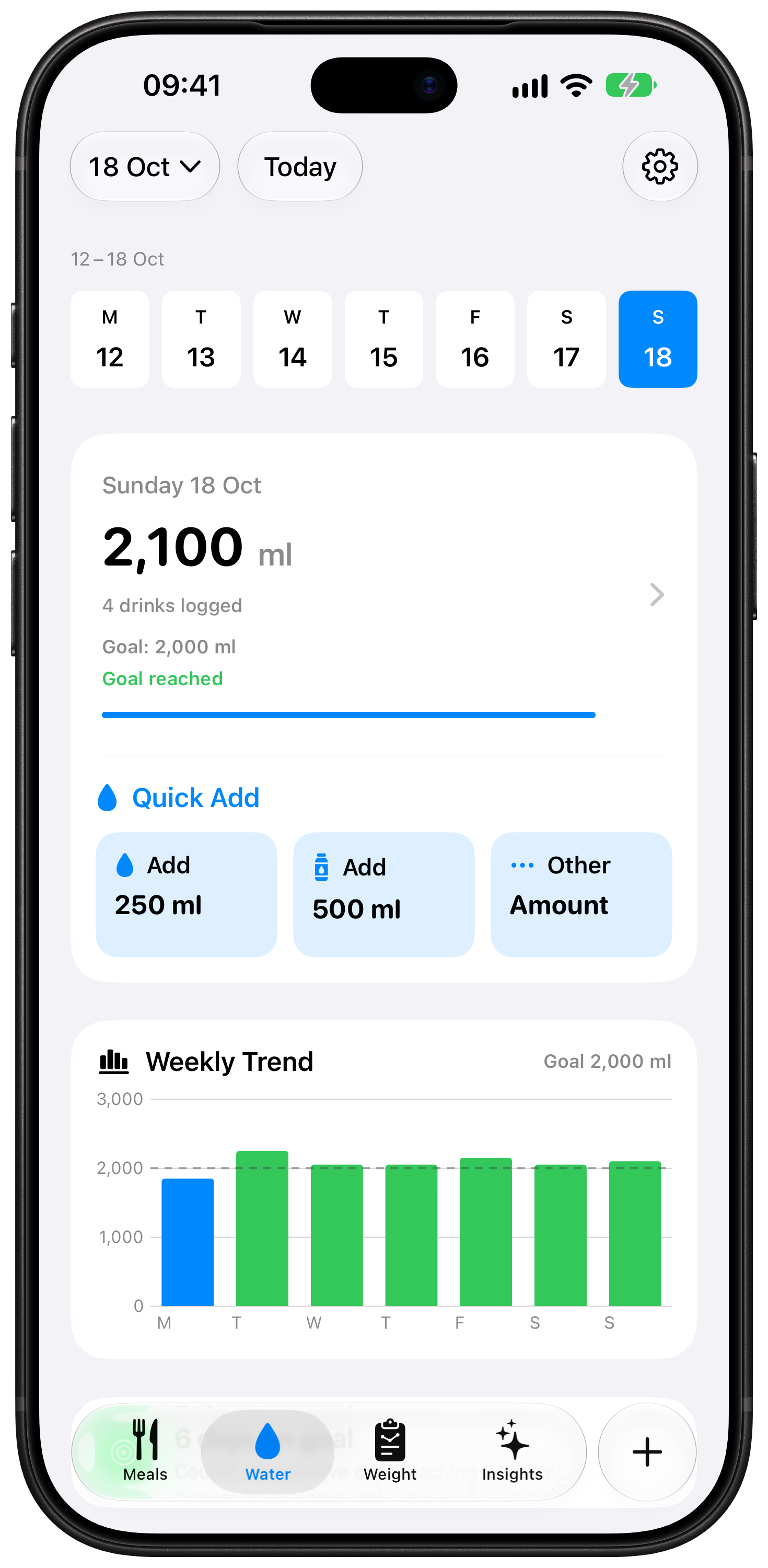 BiteMe Water tab showing daily progress, quick adds, and the weekly trend